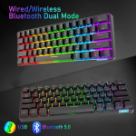 60% mehaaniline klaviatuur juhtmega/juhtmevaba bluetooth 5.0 kahes režiimis klaviatuur 61 klahvi rgb rainbow led taustavalgustus usb type-c m&auml;nguriklaviatuur anti-ghosting klahvid (black/red Switch)