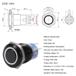 Keenso 19mm 12v iselukustuv nuppl&uuml;liti led-iga, peale-/maha kl&otilde;psatav must metallist veekindel korpus (valge)