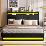 Voodi 160 &times; 200 cm, LED-tuled peatsis ja jalutsis, kaheinimesevoodi, kunstnahk, must
