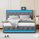Voodi 180&times;200 cm, Varustatud 4 sahtliga, Peatsiga LED-valgustus ja USB-pesa, linane, tumehall