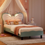 Lastevoodi 90 x 200 cm, LED &uuml;heinimesevoodi polsterdatud voodi raamiga t&uuml;drukutele ja poistele, polsterdatud voodi koos reguleeritava voodipeatsiga lastetuppa, samet ja PU nahk, ilma madratsita (Sinine liblikas)