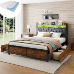 Voodi 160&times;200CM, madratsiga, LED-valgustusega, 4 sahtliga, must