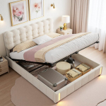 Kaheinimesevoodi 140 x 190 cm, polsterdatud voodi LED-valgustuse ja panipaigaga, teismelistele ja t&auml;iskasvanutele, beež samet, madrats ei kuulu komplekti