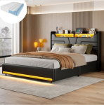 Voodi 140&times;200 CM, madratsiga, LED-valgustuse ja USB-liidesega, h&uuml;draulilise voodiraami t&otilde;stemehhanismiga, must, PU
