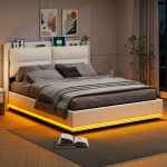 Voodi 160 x 200 cm, LED-valgusti ja USB-ga, beež