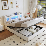 160x200cm valge PU &otilde;husurvevoodi USB ja LED-iga, panipaik