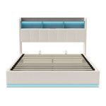 H&uuml;drauliline polsterdatud voodi 160&times;200 cm panipaigaga, LED ja USB, valge