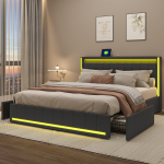 Kaheinimesevoodi, 140 x 200 cm, polsterdatud voodi LED-tulede, USB-pordi ja 4 sahtliga teismelistele ja t&auml;iskasvanutele, hall linane v&auml;rv, madrats ei kuulu komplekti