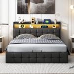 Voodi 160 &times; 200 cm, LED-valgustus, peatsi hoiustamisfunktsioon, liistudest voodiraam, must, PU