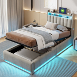 Polsterdatud &uuml;heinimesevoodi LED-valgustuse ja USB-C laadimisega, panipaigaga peatsi ja liistudest raamiga, 90x200cm, hall samet (ilma madratsita)