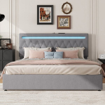 Voodi 180&times;200 CM, LED-valgustuse ja USB-liidesega, reguleeritava peatsiga, h&uuml;drauliliselt t&otilde;stetava voodiraamiga, hall