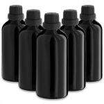 Must klaaspudel 100 ml tilgutiga ja korgiga, 5-osaline komplekt