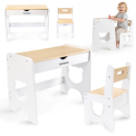 Laste laud sahtli ja tooliga Mamabrum BEAR &ndash; valge puidust komplekt