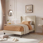 Laste &uuml;heinimesevoodi 90 x 200 cm, liistudest raamiga, beež, linane kangas