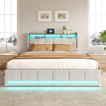 Linane voodi LED-valgustuse, USB ja sahtlitega, polsterdatud voodi peatsiga, beež, 160&times;200 cm