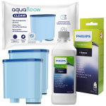 Komplekt Philips / Saeco kohvimasinatele: originaalne Philips CA6700 katlakivieemaldaja 250 ml + 2x AquaFlow Cleani veefilter.
