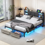 Polsterdatud kaheinimesevoodi,LED-valgustid,kaasaegne metallvoodi panipaigaga,restraam,160x200 cm,must ilma madratsita