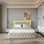 Polsterdatud kaheinimesevoodi 140&times;200 cm h&uuml;draulilise panipaiga ja LED-valgustusega &ndash; sametvoodi pehme peatsiga, beež