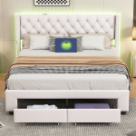 Polsterdatud voodi LED peatsiga ja USB-ga, 2 sahtliga ja k&uuml;ljetaskutega 160x200 cm, samet, beež