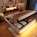 Polsterdatud voodi 160x200 cm, LED, USB, sahtlid, h&uuml;draulika, ilma madratsita, beež