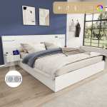 Kaheinimesevoodi 160x200 cm, puidust, USB, elektrooniline kell, Bluetooth, v&auml;rviline LED-riba, ilma madratsita, valge