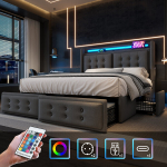 Polsterdatud voodi 160x200 cm LED-valgustiga, USB-C pesaga, 4 sahtliga, puit- ja metallraam, hall, ilma madratsita