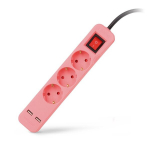 Pikendusjuhe Entac 3 pistikut +2USB 1,5m 16A l&uuml;litiga, roosa