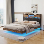 Kaheinimesevoodi 140 x 200 cm, rippvoodi LED-valgustusega, peatsiga panipaik ja USB/C t&uuml;&uuml;pi, vintage industriaalne disain, pruun