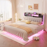 Pehmede detailidega voodi 140x200, LED valgustus, USB, beež, 1 tk