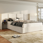 Pehmete polsterdatud voodi, 160x200 cm, USB-ga, 2 &ouml;&ouml;kapi, 1 tk