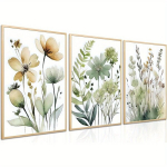 Salveeroheline Akvarell Botaaniline Taimeseade - 3-osaline Raamita Boho Lilleline Seinakunst - 20.32x25.4 cm Minimalistlik Loodus&otilde;ie Haridusplakatid Magamistoale, Vannituppa, Elutuppa.