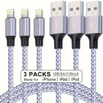 3-Pakk 3M Nailonpunutud USB Laadimiskaabel IPhoneile, 3 Pakuotės - 10Ft (3m)