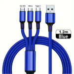 3-in-1 Kiirlaadija USB Kaabel, Nailonist Punutud, Mėlyna