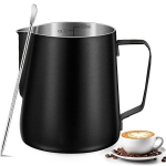 Roostevabast terasest piimavahu kannukomplekt 350ml/600ml, 1 vnt juodas latte art puodelis + 1 vnt latte art adata