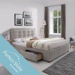 Voodi DUKE 160x200cm, sahtlitega ja madratsiga HARMONY TOP, beež, 164,5x215xH110cm, MDF, puit, pol&uuml;esterkangas