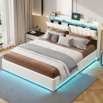Kaheinimesevoodi 160 x 200 cm, polsterdatud voodi LED-valgustusega, USB-pesa, panipaigaga peatsiga, beež samet, madrats ei kuulu komplekti