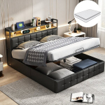 Voodi - 140&times;190cm, LED-valguse ja USB-pordiga, h&uuml;draulilise hoiuruumiga, madratsiga, must, kunstnahk