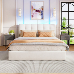 Voodi, 140 x 200 cm, helebeež, aksom, gaasit&otilde;stukiga, 7 v&auml;rvi LED-valgustusega, ruudukujulise peatsiga