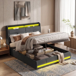 Polsterdatud voodi 160x200 cm LED-valgustuse, voodialuse hoiuruumi, h&uuml;draulilise t&otilde;stuki ja peatsiriiulitega, samet, must