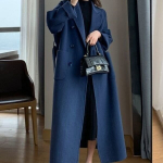 (xxxL-Navy)S&uuml;gistalvine naiste villasest riidest mantel, soe pikk pikkus, kaherealine tumesinine naiste elegantne pealisriided lahtise v&ouml;&ouml;ga mantel