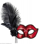 Veneetsia punane mask sulgede ja roosiga