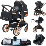 YAZOCO - 3-in-1 kombinatsioonik&auml;rud - koos beebivoodi-autotooliga - kuni 15Kg - Kuld-Must