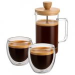 Komplekt: 2 boorsilikaatklaasist tassid 250 ml + French Press kohvikann 350 ml bambuskaanega