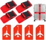 Hitopin 4 x kohvri rihm + 4 x pagasi sildid, kohvri rihm, reguleeritavad kohvri rihmad, pagasi rihm kohvrile, sobib reisimiseks, turismiks ja ekskursioonideks (punane)