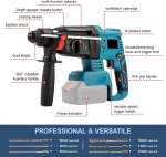 Honeyhouse Professional juhtmeta l&ouml;&ouml;kpuur Makita akule 18 V, 7,0 džauli l&ouml;&ouml;gienergia, 4500 Rpm, 3 režiimi: puurimine, l&ouml;&ouml;kpuurimine, meiseldamine, harjadeta mootor, l&ouml;&ouml;kpuur 6 osaga
