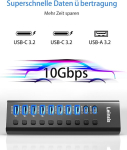 Toitega Usb 3.2 jaotur, Leinsis 10 pordiga Usb 3.2/usb-c jaotur (10 Gbps Usb-a 3.2 + 2 Usb-c 3.2 + 7 Usb 3.0 porti) individuaalsete sisse/v&auml;lja l&uuml;litite ja 12 V toiteadapteriga, alumiiniumist Usb jaotur s&uuml;learvutile