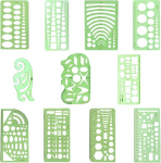 Joonistus&scaron;abloon tehniliseks joonestamiseks, 11-osaline plastikust ring&scaron;abloonide komplekt, geomeetriliste aukudega &scaron;abloon, joonised, joonlauamall (roheline)