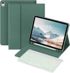 Kvtvou Klaviatuurikohver Ipad 11th/10th Generation (2025/2022) jaoks, Bluetooth &uuml;henduvus, eemaldatav juhtmevaba klaviatuur, Rgb 7 v&auml;rvi valgustus, Qwertz paigutus, sisseehitatud pliiatsi hoidik, tumeroheline