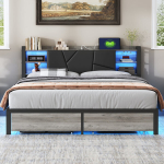 Voodi 160 &times; 200 cm, raudpuidust voodi, LED-tulede ja voodi otsas kahe sahtliga, PU materjal, must