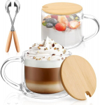 Anhow 2 kapuutsinotassi komplekt, 350 ml Latte Macchiato klaasid kaane ja lusikaga, sooniliste espressotasside komplekt, kohviklaasid Latte/cappuccino/jookide/tee/kohvi jaoks - l&auml;bipaistvad